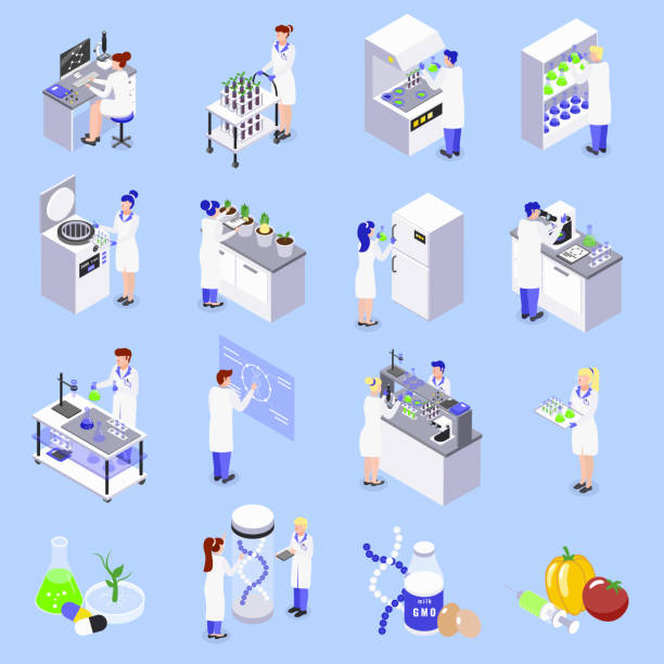 생명 공학 아이소메트릭 세트 - genetic modification dna tomato genetic research stock illustrations