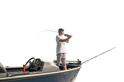 Mature man on a motor boat. Fishing,on white background ,clipingpath