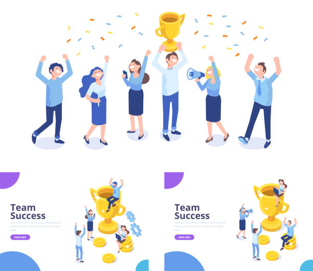 Team Success isometric vector illustration. Business people celebrating victory. Man sitting on the gold winner cup, happy people raising their hands. Vector illustration on white background achievement illustrations stock illustrations