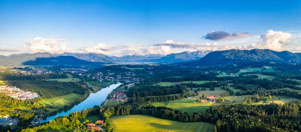 Isartal. Bavarian Pre Alps. Isar River running through Valley. Bad Toelz Bavaria Germany Europe. Aerial Sunset Isartal. Bavarian Pre Alps. Isar River running through Valley. Bad Toelz Bavaria Germany Europe. Aerial Sunset upper bavaria stock pictures, royalty-free photos & images