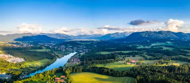 Isartal. Bavarian Pre Alps. Isar River running through Valley. Bad Toelz Bavaria Germany Europe. Aerial Sunset