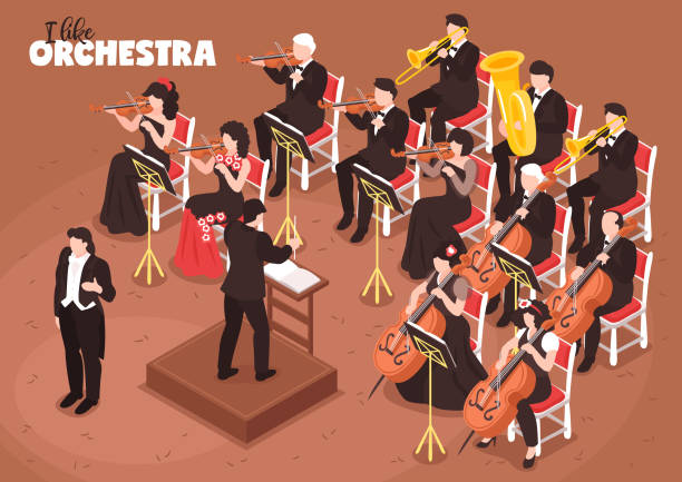 Orchestra Musicians Isometric Composition Classical music orchestra isometric composition with singer conductor directing performance violin cello tuba bass players vector illustration string instrument stock illustrations