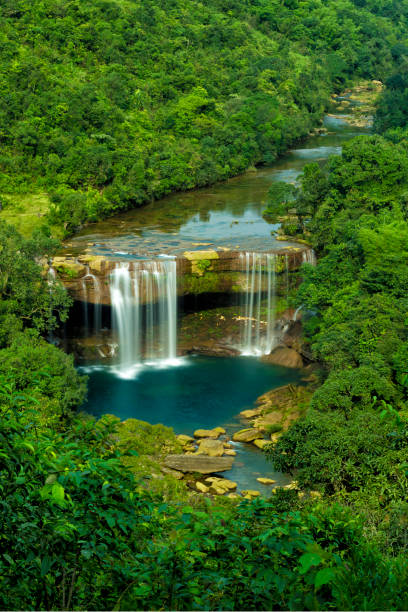 krang suri waterfall, aintia hills district, meghalaya, india - natural phenomenon waterfall rock tranquil scene imagens e fotografias de stock