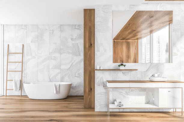 istock White marble bathroom with ladder 1158622105
