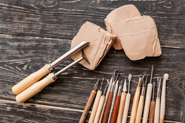 istock Top flat view of Pottery art tools, manual craft work concept 1158622180