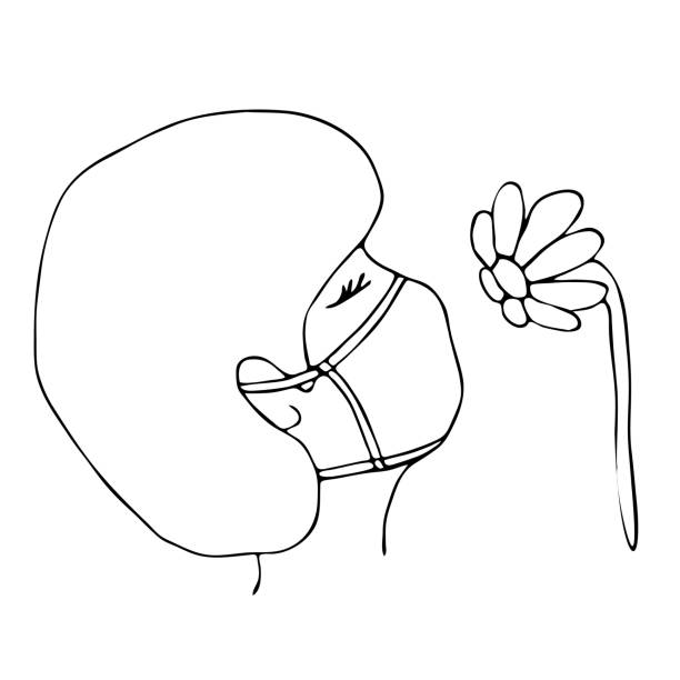 ilustrações de stock, clip art, desenhos animados e ícones de outline portrait of allergy woman in medical mask suffering from allergies. flower is her allergen.girl snif red flower. seasonal allergic reaction to pollen and flowering. health and allergy concept - snif