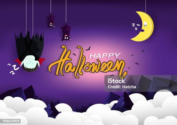Ilustración de Halloween Tarjeta De Felicitación De Buenas Noches Vampiro Y  Murciélagos Durmiendo Con La Luna