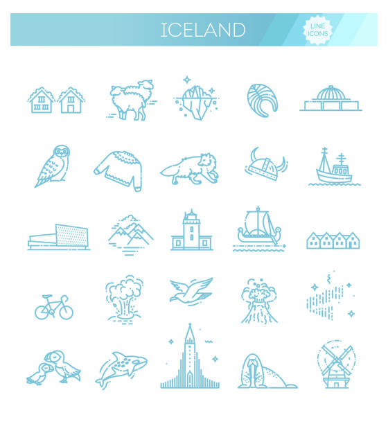 Iceland icons. Tourism and attractions Outline black icons set in thin modern design style, flat line stroke vector symbols - Iceland collection iceland whale stock illustrations