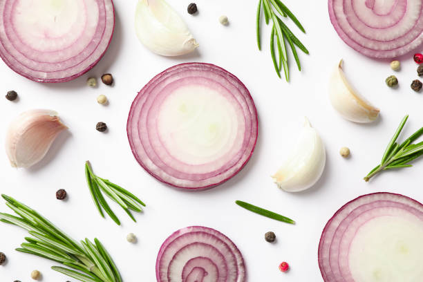 istock Flat lay composition with red onion rings and spices on white background 1158626484
