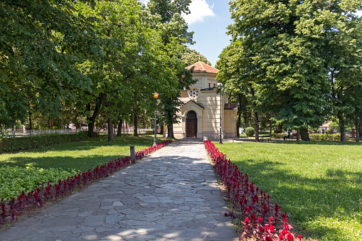 Nis, Serbia - June 15, 2019: Outside view of The Skull Tower (Cele Kula )- built from the 3000 skulls of dead Serbian warriors after Uprising in 1809 in City of Nis, Serbia