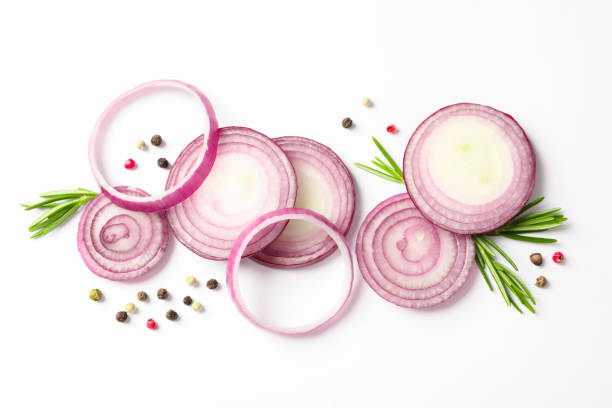 istock Flat lay composition with red onion rings and spices on white background 1158627193
