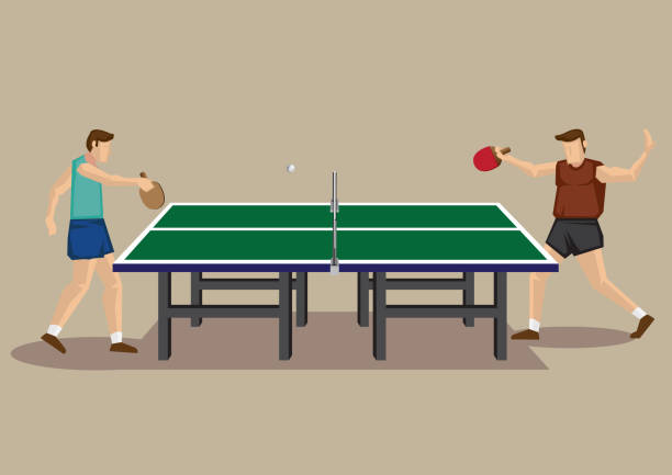 Playing Table Tennis Side View Vector Cartoon Illustration Two table tennis players playing ping pong and table tennis table. Vector illustration of men's singles table tennis game in side view isolated on plain background. ping pong table stock illustrations