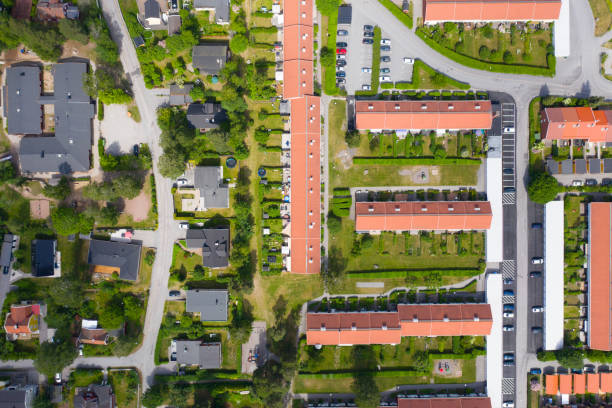 istock Top view, flying over idyllic villa area 1158628189