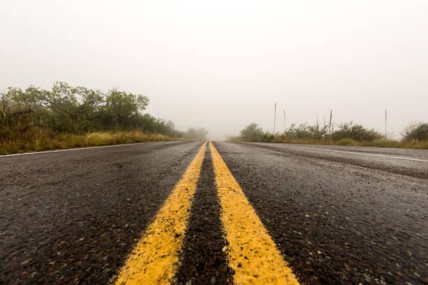 route humide et vide au stationnement national de big bend, texas, vue à angle bas - asphalt two lane highway natural phenomenon fog photos et images de collection