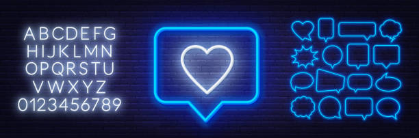 Neon sign like in speech bubble frame on dark background. Set of neon speech bubbles and the alphabet on a dark background. Neon sign like in speech bubble frame on dark background. Set of neon speech bubbles and the alphabet on a dark background. Template for design. glow in the dark hearts background stock illustrations