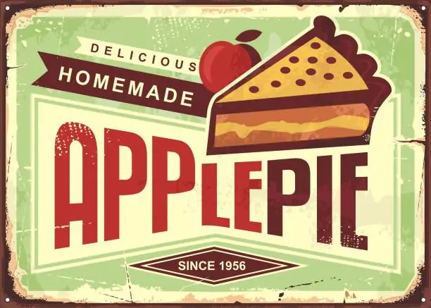 Vector illustration of Delicious homemade apple pie retro promotional advertising sign