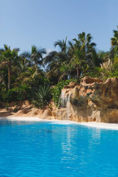 blue water, tropical plants and waterfall