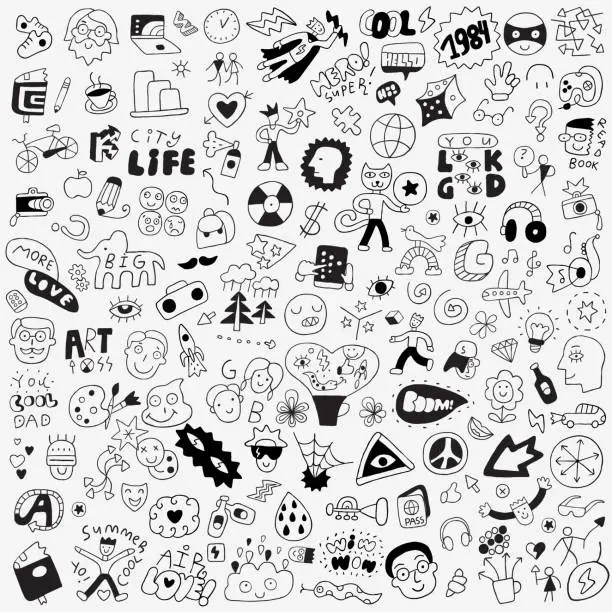 Vector illustration of symbols,lettering,characters - big doodle set