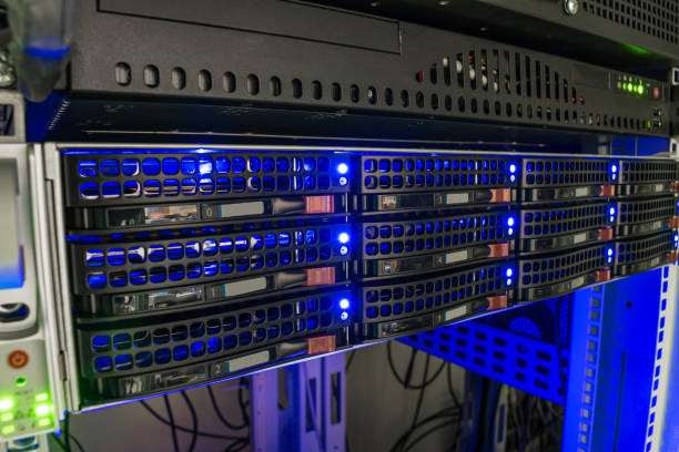 istock Access server is a close-up. Cloud storage concept. Modern communication equipment is in the server room. Computer hardware is on the hosting site of the Internet provider. 1158632391