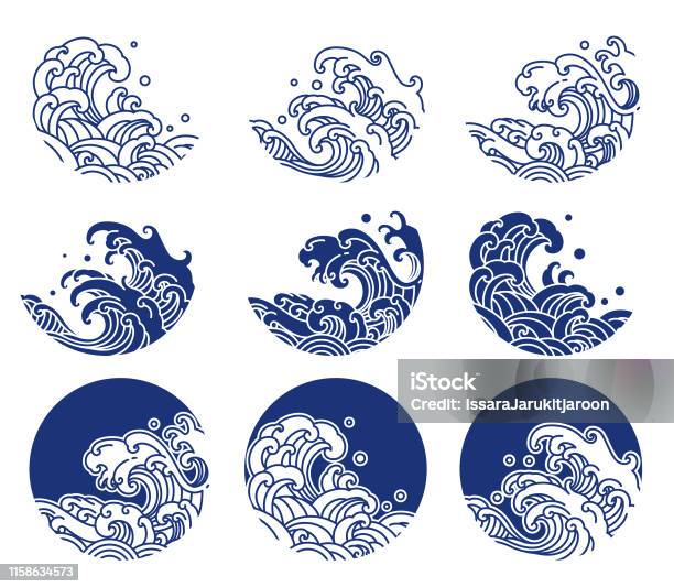 日本水和海洋波線標誌插圖向量圖形及更多浪圖片 - 浪, 日本, 波浪型