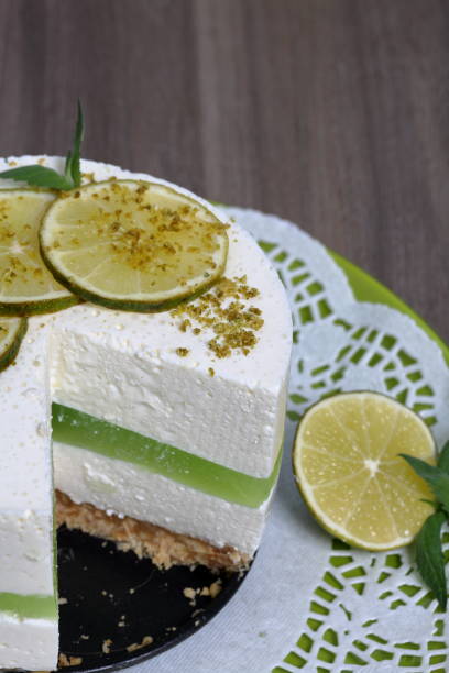 istock Lime cheesecake without baking. Lies on a plate. Decorated with lime slices. The piece is cut off. 1158635295