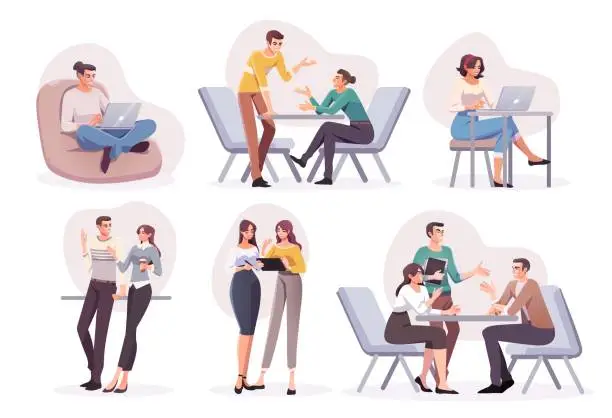 Vector illustration of Flat style business people characters in workplace. Male and female persons in office room. Businessmen and businesswomen at work place.