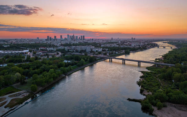 Aerial view of Warsaw at sunset stock photo