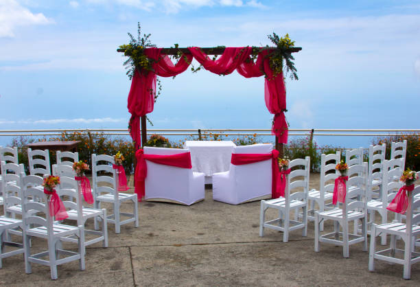 Decorated outdoor wedding altar and seating