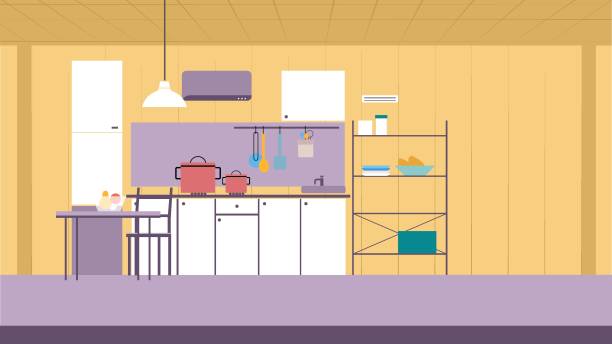 ilustrações de stock, clip art, desenhos animados e ícones de vector cartoon illustration of kitchen interior - food dining cooking multi colored