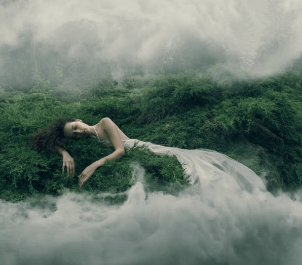 mujeres en reposo en arbustos de niebla - surrealismo fotografías e imágenes de stock