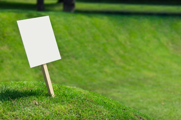 istock Empty white sign board on a small hill with freshly cut green grass and meadow in the background 1158643244