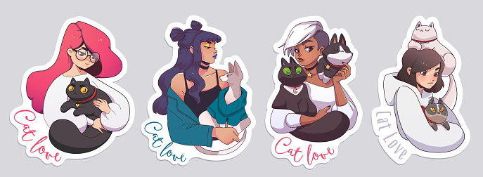 Stickers with cute girls and their cats. Vector illustration