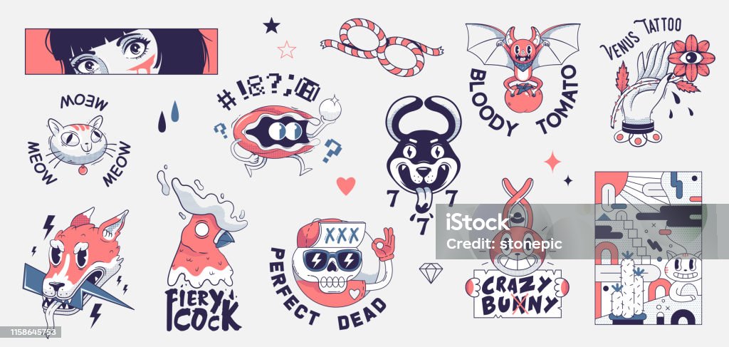 Old School Tattoo Elements Cartoon Tattoos In Funny Style Vector Stock  Illustration - Download Image Now - iStock