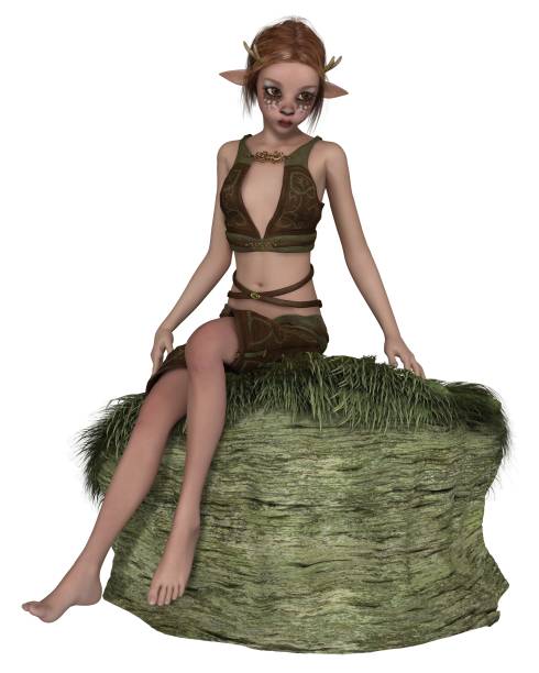 Fantasy illustration of a cute shy forest elf or faun with pointed ears, antlers and deer makeup, sitting on a grassy rock, 3d digitally rendered illustration