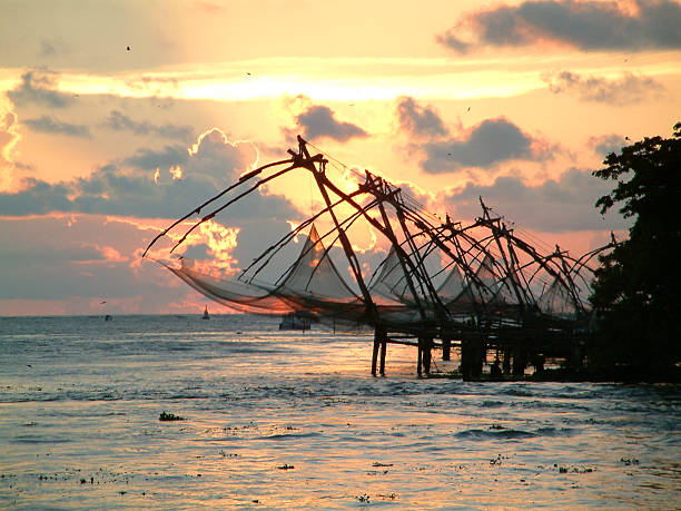 Chinese fishing nets ,Cochin,South India Chinese fishing nets at sunset. kochi india stock pictures, royalty-free photos & images