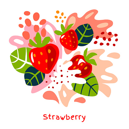 Fresh strawberry berry berries fruits juice splash organic food juicy splatter strawberries on abstract background vector hand drawn illustrations