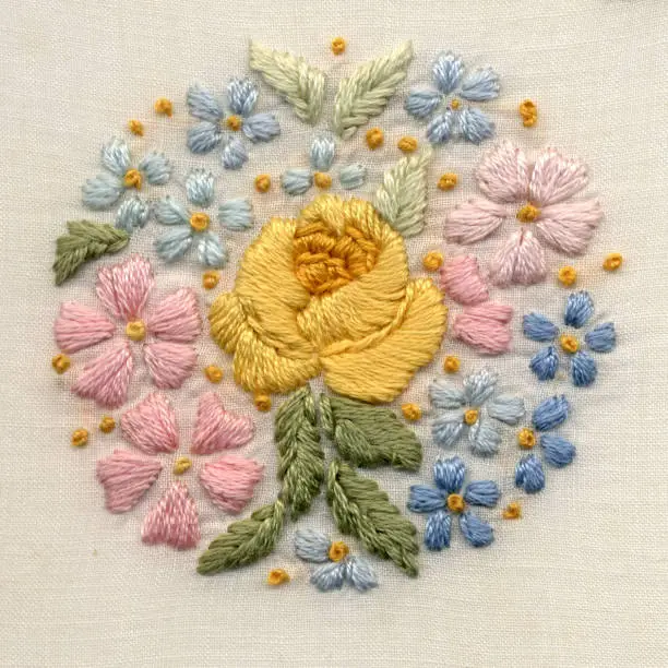 Antique hand embroidery. Satin stitch and French knots. Cotton on cotton. Original motif 2 1/4" diameter.