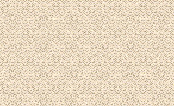 シームレスな日本の波のパターン。繰り返し海水曲線中国のテクスチャ。ゴールドとホワイトのラインアートベクトルイラスト。ヴィンテージ幾何学的形状の背景。レトロな海の装飾品 - 和柄点のイラスト素材／クリップアート素材／マンガ素材／アイコン素材