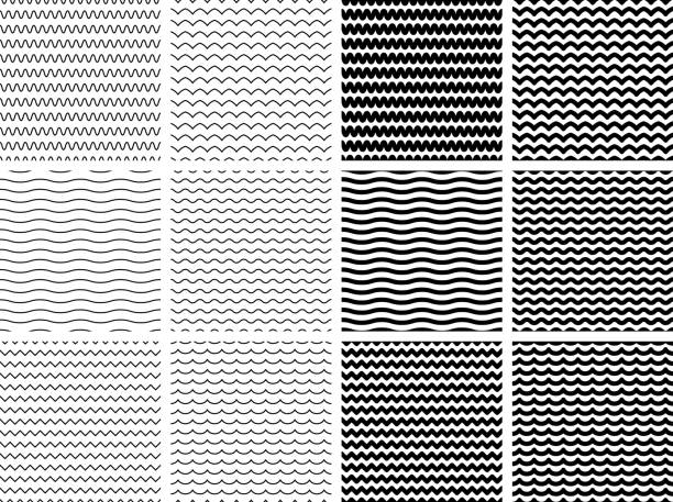 Seamless Wave Pattern Set of 12 wave patterns in thin and thick scalloped illustration technique stock illustrations
