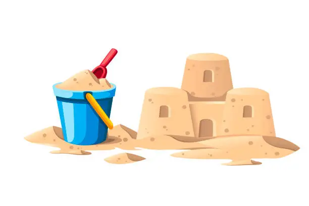 Vector illustration of Simple sand castle with blue bucket and red shovel. Cartoon design. Flat vector illustration isolated on white background