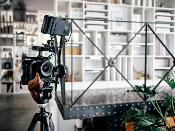 A video camera kit in a retro vintage styled shared office workspace interior in Taipei, Taiwan.