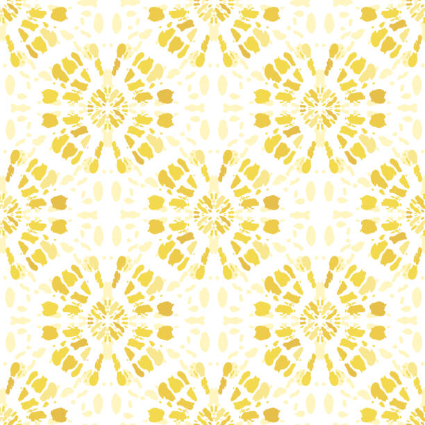 illustrations, cliparts, dessins animés et icônes de boho monochrome jaune tie-dye shibori miroir sunburst mandala background vector seamless pattern - yellow flowers flash