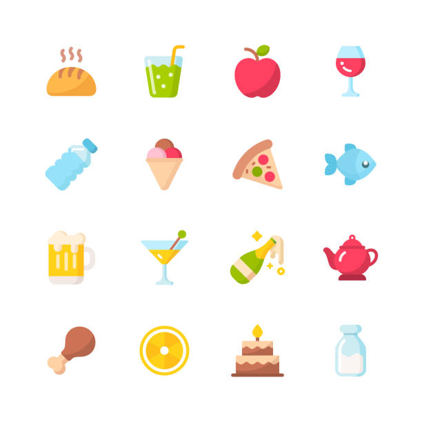 food flat ikony. ikony projektowania materiałów. pixel perfect. dla urządzeń mobilnych i sieci web. zawiera takie ikony jak ciasto, szampan, rasa, kurczak, jabłko, owoce, jedzenie, ryby, wino, pizza. - vegetable baked cake cup stock illustrations