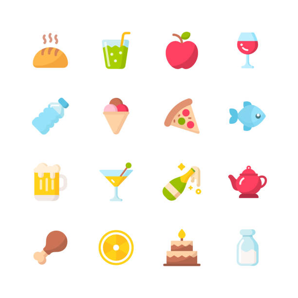 ilustrações, clipart, desenhos animados e ícones de ícones lisos do alimento. ícones do projeto do material. pixel perfeito. para mobile e web. contém ícones como bolo, champagne, raça, frango, maçã, frutas, comida, peixe, vinho, pizza. - vegetable baked cake cup