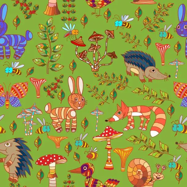 Vector illustration of Seamless pattern. Plants, insects, and fungi.