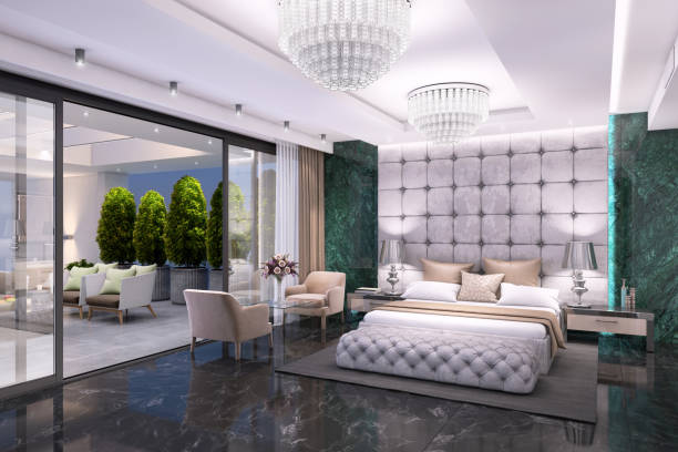 Luxury bedroom interior with large terrace