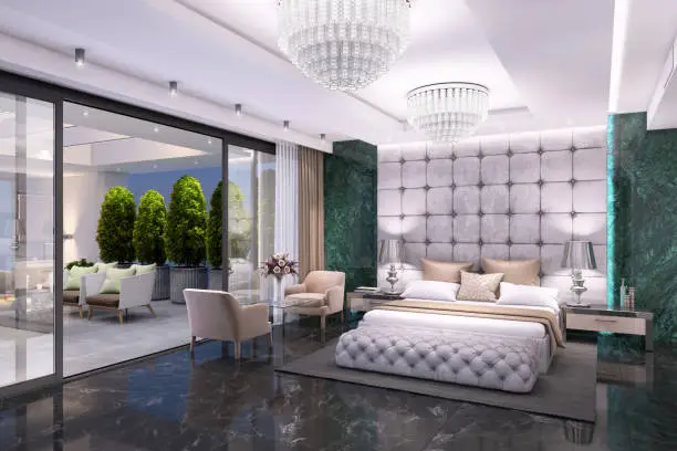 Luxury hotel like bedroom interior with large bed, seat, and terrace. expensive marble wall and decorative ceiling. copy space render