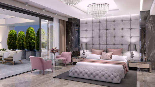 istock Luxury bedroom interior with large terrace 1158672697