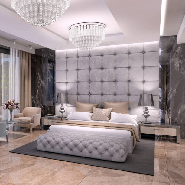istock Luxury bedroom interior with marble wall 1158672700