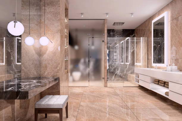 istock Luxury bathroom interior with glass door 1158672727